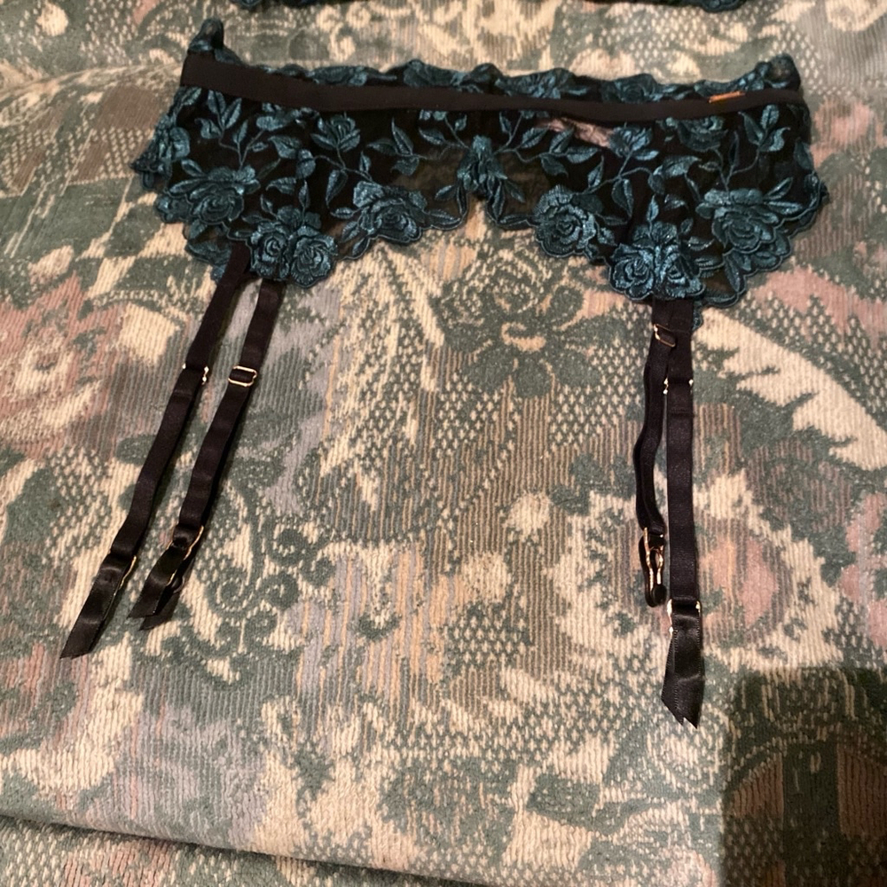 La Vie En Rose Lingerie Set Teal Black Lace Sheer Sexy Forest Green Goth 36C - Picture 2 of 12